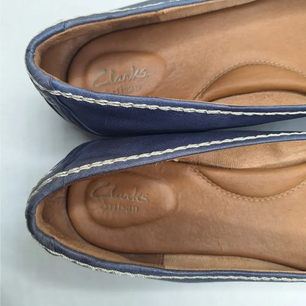 Clarks Artisan Ballet Flats Blue Leather Slip On 12 Bow Comfort Artsy Fairy Boho